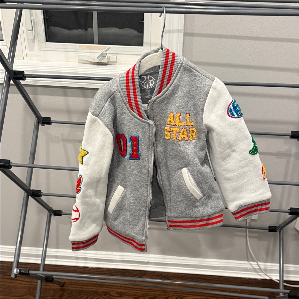 CHASER Gray and White Varsity Jacket with Patches